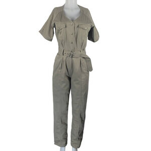 Together Women's Button up Safari Vacation Belted Tan Jumpsuit 6